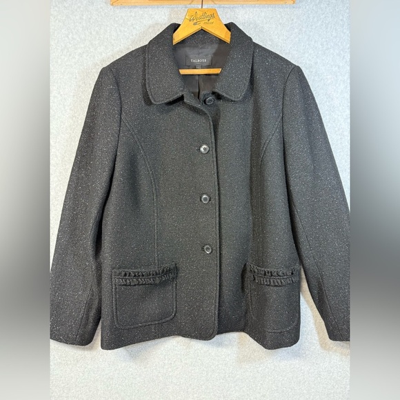 Talbots Jacket Womens 16 Black Metallic Wool Blend Button Up Pockets Coat Elegan - Picture 1 of 9